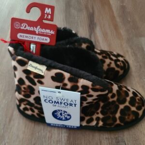 Dearfoam Velour Booties Slippers Leopard Print Memory Foam Womens Size 7-8 New